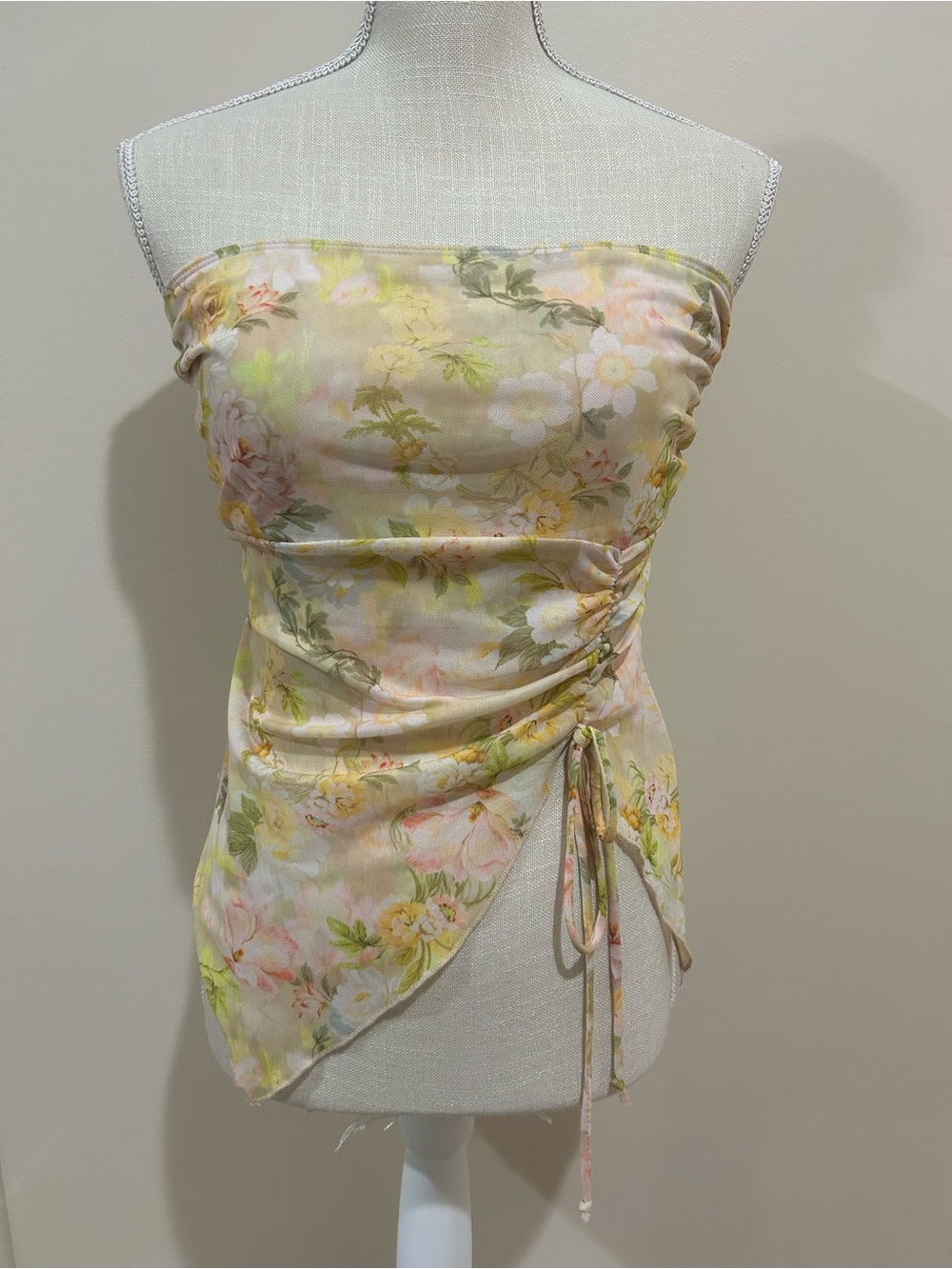 See You Monday Floral Strapless Ruched Side-Tie Camisole - Cream, Yellow, Green